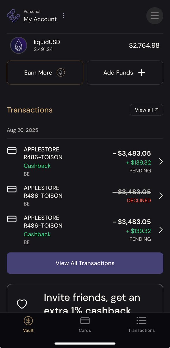 tried the etherfi card

the good: 
- 3% cashback with the default (free) card (in $SCR)
- free crypto deposits from several chains
- earn 13% in liquid USD/ETH and spend from your interest bearing balance
- borrow mode where you open a credit line against your crypto collateral