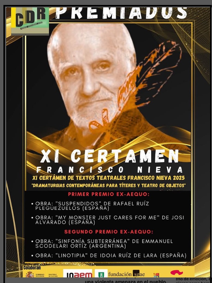 SGAE Artes Escénicas (@sgaeaaee) on Twitter photo 👏Enhorabuena a nuestros socios los dramaturgos
<a href="/rpleguezuelos/">R. Ruiz Pleguezuelos</a> y #JosiAlvarado, ganadores del I premio ex-aequo del XI Certamen Francisco Nieva.
🎭✍️¡Qué gran labor la de <a href="/CDRAMATICORURAL/">CentroDramáticoRural</a>  por la difusión de la dramaturgia de títeres y teatro de objetos! 👏Enhorabuena a nuestros socios los dramaturgos
<a href="/rpleguezuelos/">R. Ruiz Pleguezuelos</a> y #JosiAlvarado, ganadores del I premio ex-aequo del XI Certamen Francisco Nieva.
🎭✍️¡Qué gran labor la de <a href="/CDRAMATICORURAL/">CentroDramáticoRural</a>  por la difusión de la dramaturgia de títeres y teatro de objetos!