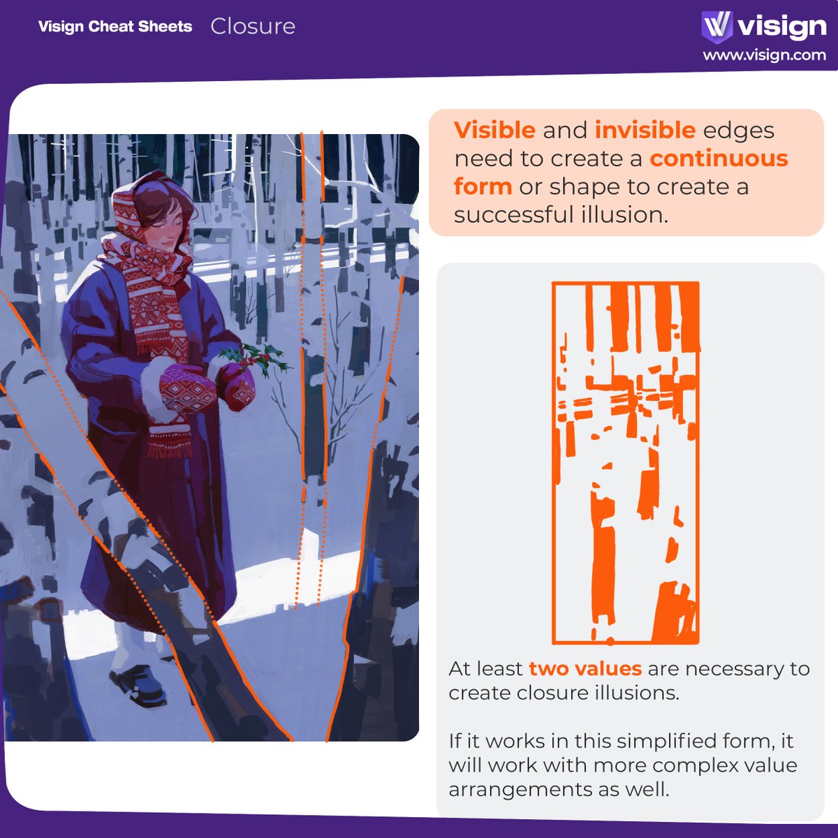 visignacademy's tweet image. Closure – the fascinating principle of showing less to say more! The audience fills in the gaps, which makes an artwork more interesting.
If you like it – check out Hue Teo’s webinar for more examples and practical ways to apply Closure: youtu.be/v22MpQ-unVY
#visigncheatsheet…