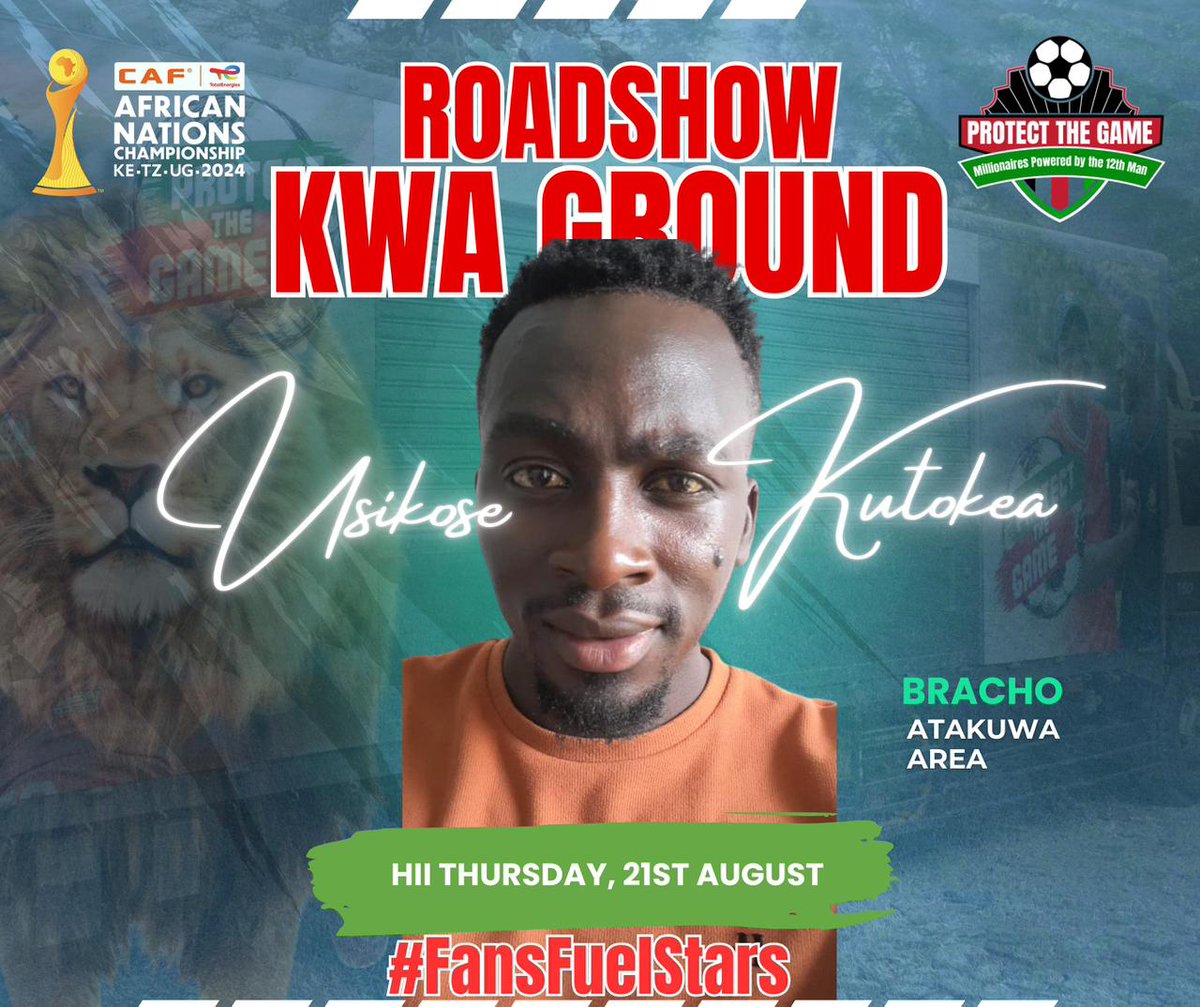 Modoi4088's tweet photo. #FansFuelStars 
Road to Victory Starts in the Ground.

 For two days—Thursday 21st and Friday 22nd August - the Protect The Game Roadshow Caravan will roll through Kasarani, Lucky Summer, Kahawa West, Roysambu, Baba Dogo, Mathare,
@CAF_Online
@Harambee__Stars
@InteriorKE https://t.co/v62y3Qw4Fa