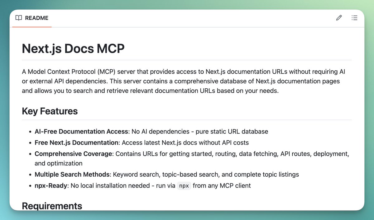 AI駆動開発で解決できないNext.jsのエラーを一掃出来る「Next.js-Docs-MCP」を作りました！

300以上のNext.jsドキュメントが搭載されていて、それをコンテキストに開発を進めることができます！

MCPはリプ👇