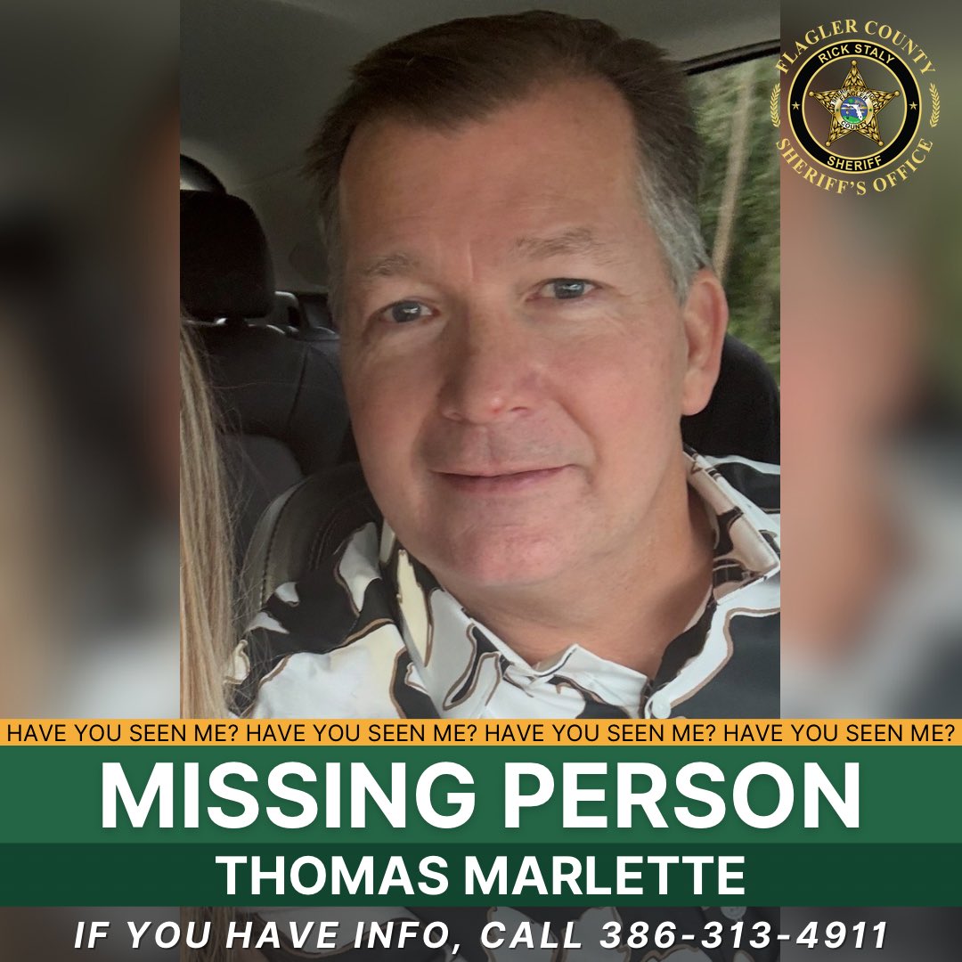 Have you seen this person?

Thomas Marlette was reported missing by his family, who last heard from him via text at 12:50 p.m. on Wednesday. He was last seen by his family leaving his residence on Laurel Drive in Palm Coast, and was last seen by anyone on Sweetbay Drive, where he
