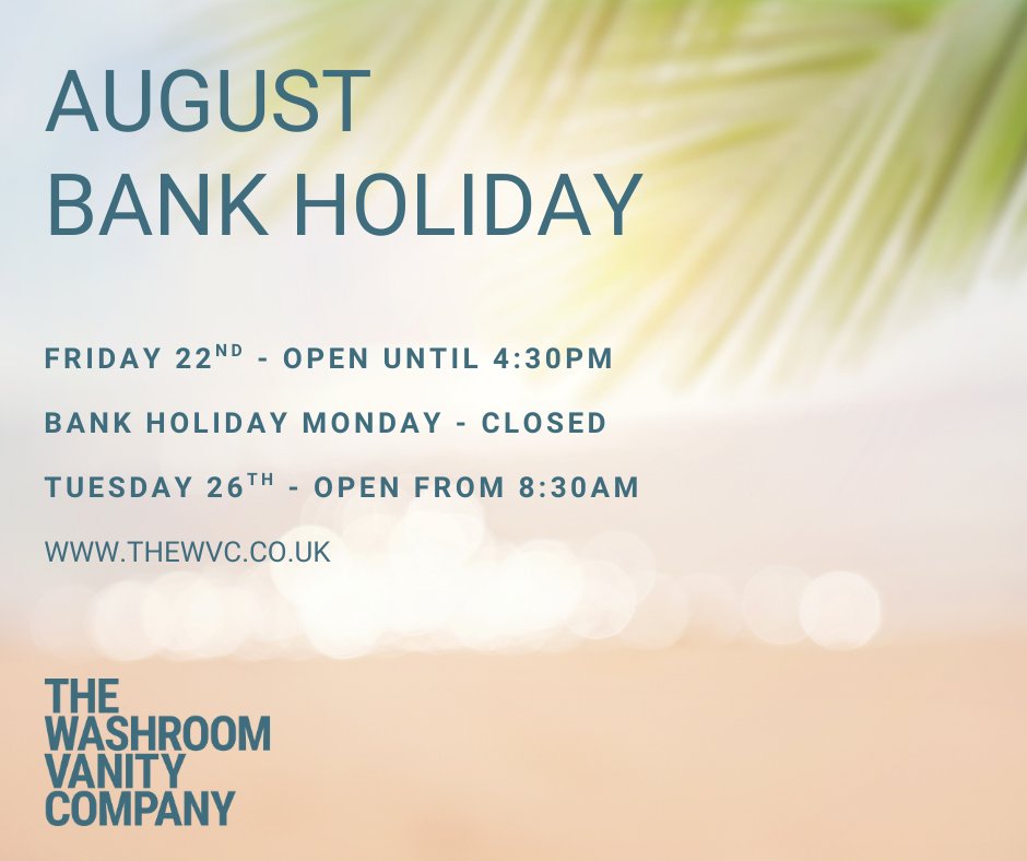 The_WVC's tweet photo. We’re operating as usual today, but please note, our offices will be closed on Monday to allow our team to enjoy the August Bank Holiday.

While we’re closed, you can still send any #washroom enquiries to quotes@thewvc.co.uk and we'll respond first thing Tuesday morning! https://t.co/sJ5MgT6knA