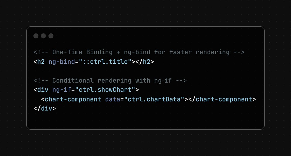 nrachabathuni's tweet image. Speed up your app by using one-time bindings, ng‑if, and ng‑bind to reduce watcher count, tighten digest cycles, and eliminate unnecessary re-renders.

#AngularJS #WebPerformance #OneTimeBinding