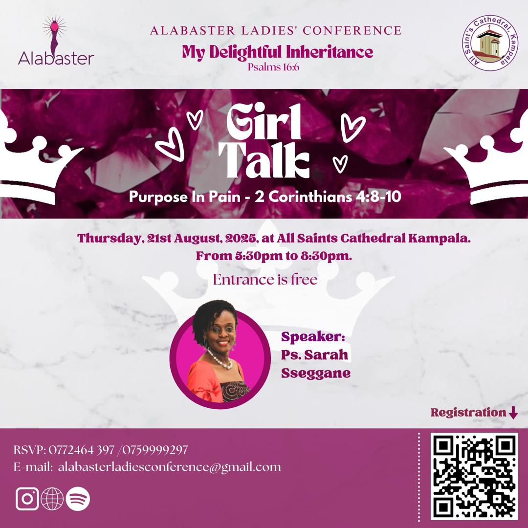 🌸 DAY 7️⃣- GIRL TALK 🌸

Theme: Purpose in Pain - 2 Corinthians 4:8-10

Speaker:- Ps. Sarah Sseggane
When: - TODAY
Time: - 5:30pm - 8:00pm

Come let us fellowship together 🥳🥳🥳🥳

#Alabaster2025 #MyDelightfulInheritence
