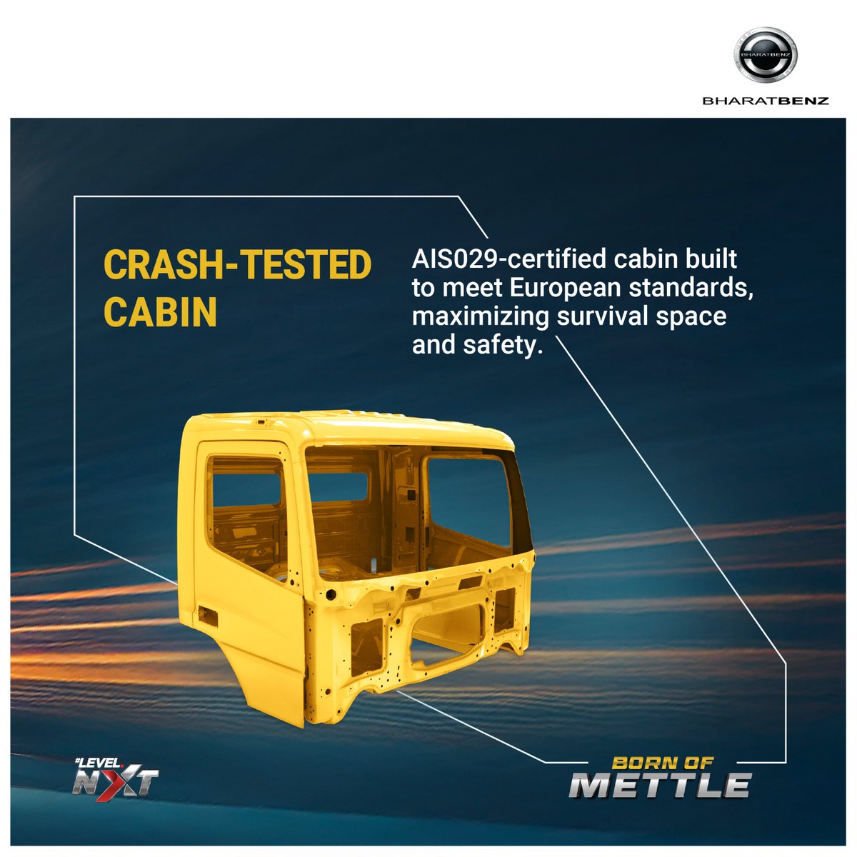 The BharatBenz HX Tipper range features an AIS029-certified crash-tested cabin, built to meet European safety standards.
It’s designed to maximize survival space and protect drivers in extreme conditions. Because at BharatBenz, safety isn't optional—it’s a way of life.
Safety