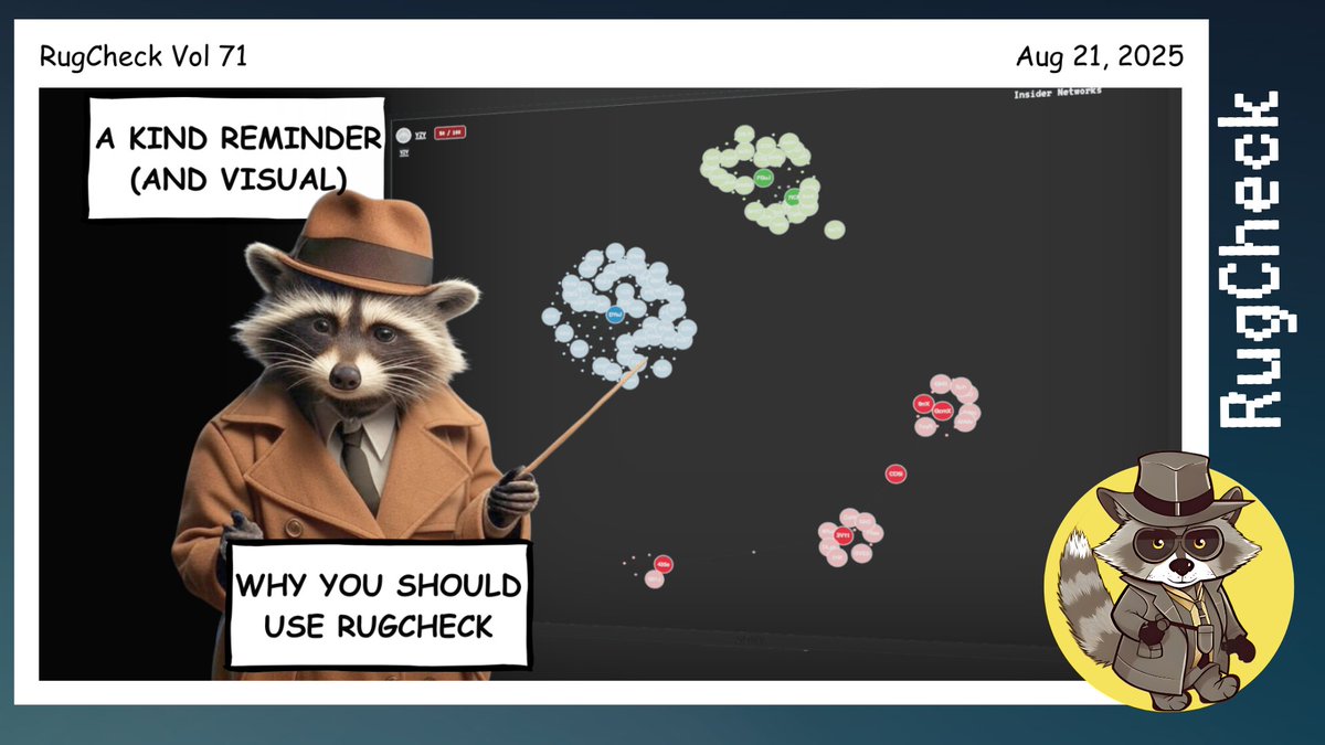 RugCheck visual reminder featuring detective raccoon explaining token safety