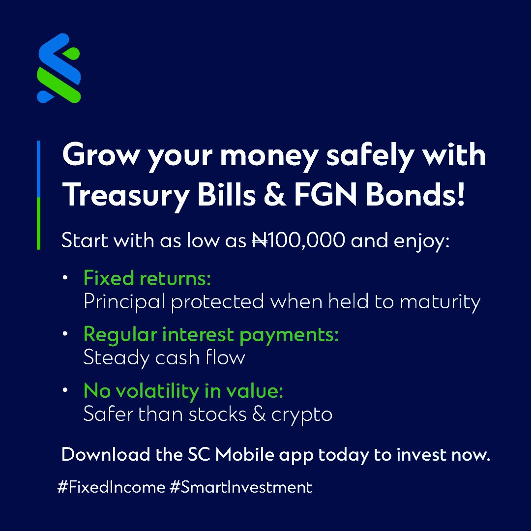 StanChartNG's tweet image. Enjoy the financial peace of mind you deserve and watch your wealth grow as you invest in Treasury Bills and FGN Bonds with Standard Chartered.

Download the SC Mobile app on your mobile app store today to get started.

 #StanChartNG
