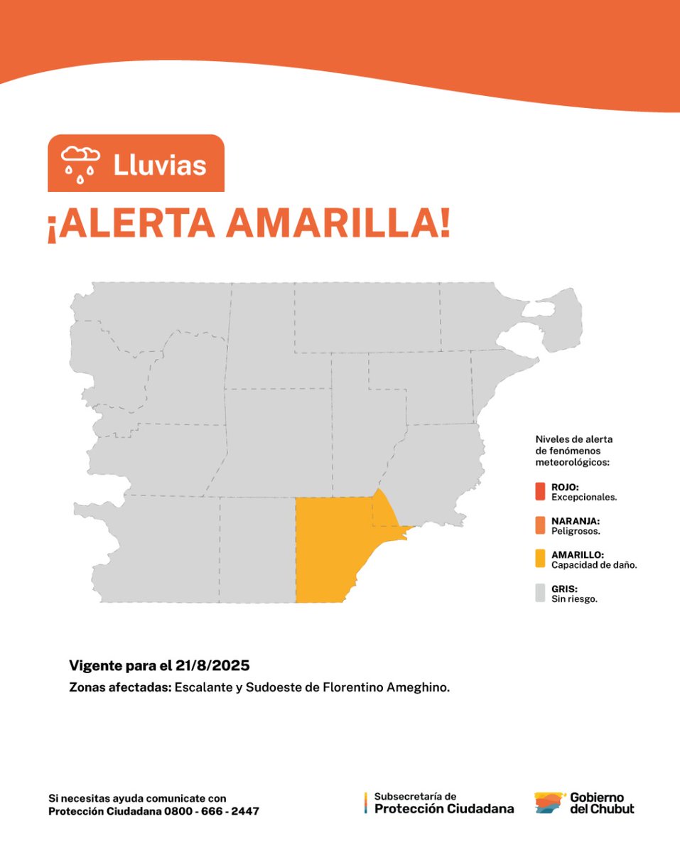 DcChubut's tweet photo. ⚠ La Subsecretaría de Protección Ciudadana, dependiente del Ministerio de Seguridad y Justicia, informa sobre la zona de cobertura del alerta amarilla por lluvias, emitido por el Servicio Meteorológico Nacional prevista para la noche del jueves 21 de agosto. https://t.co/eKHaykZuDU