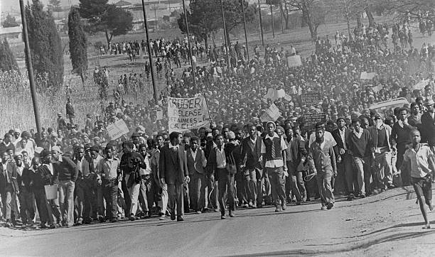 Students demonstrate in protest against having to use Afrikaans at school, c 1976.