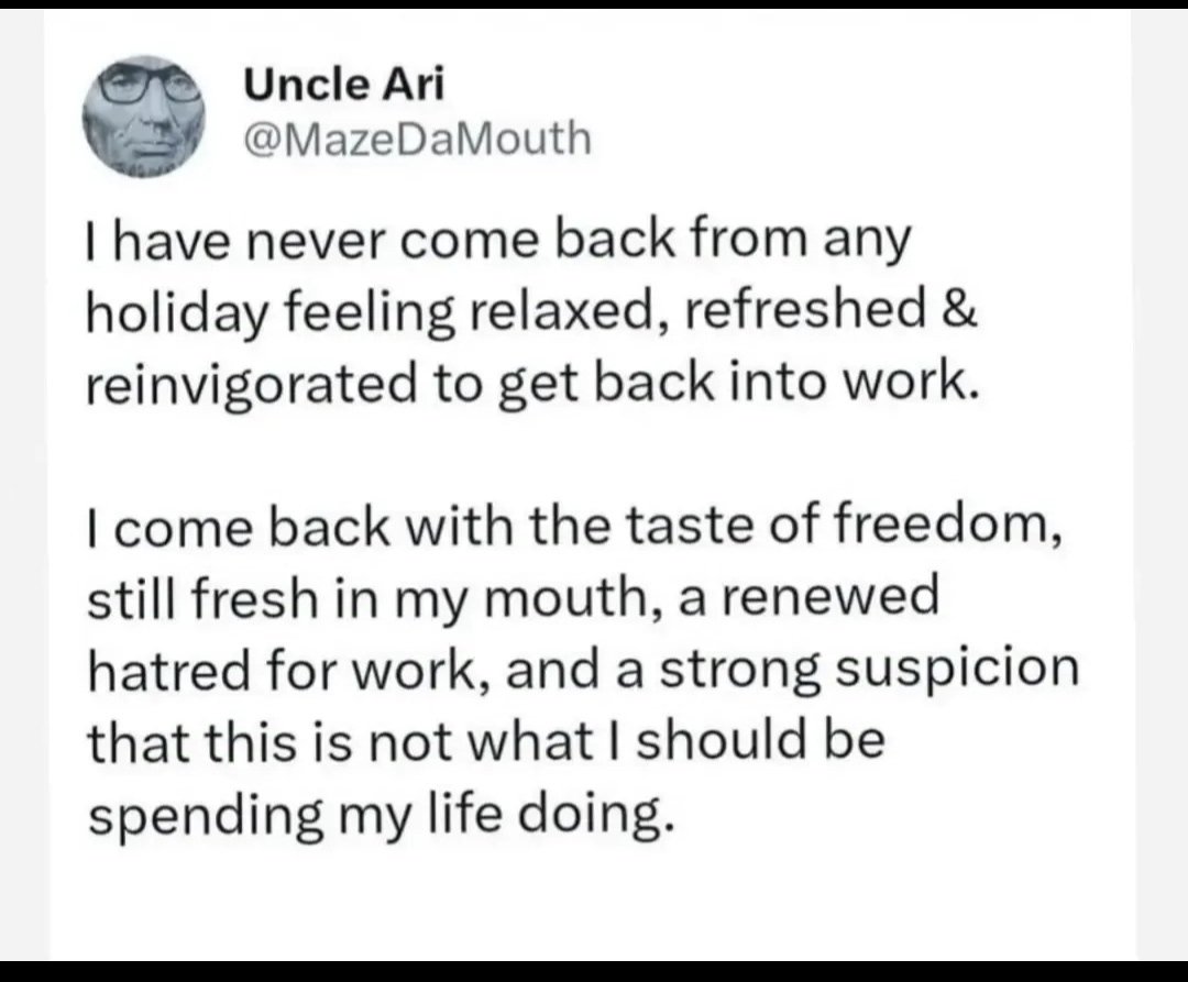 "Nunca he vuelto de unas vacaciones sintiéndome relajado, renovado y con energía para regresar al trabajo

Vuelvo con el sabor de la libertad aún fresco en mi boca, un odio renovado hacia el trabajo y una fuerte sospecha de que esto no es en lo que debería estar gastando mi vida"