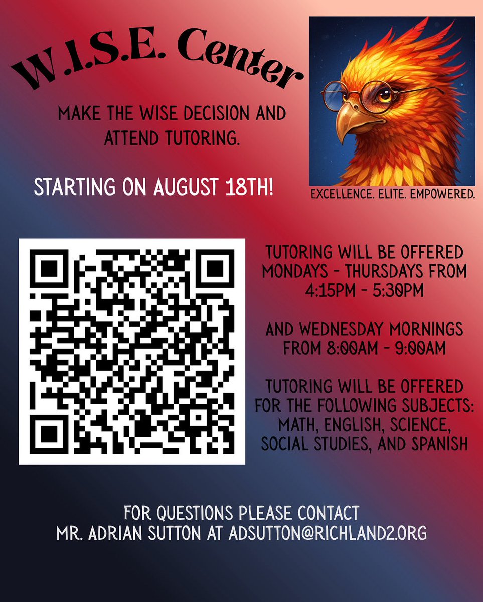 Westwood HS (SC) (@whs_redhawks) on Twitter photo 📚 Need a little extra help this school year?
Make the WISE decision and attend tutoring at the W.I.S.E. Center!
📍Click the docs.google.com/forms/d/1iKbbx… code to sign up!
Questions? Contact Mr. Sutton at adsutton@richland2.org
#ExcellenceOnPurpose 📚 Need a little extra help this school year?
Make the WISE decision and attend tutoring at the W.I.S.E. Center!
📍Click the docs.google.com/forms/d/1iKbbx… code to sign up!
Questions? Contact Mr. Sutton at adsutton@richland2.org
#ExcellenceOnPurpose