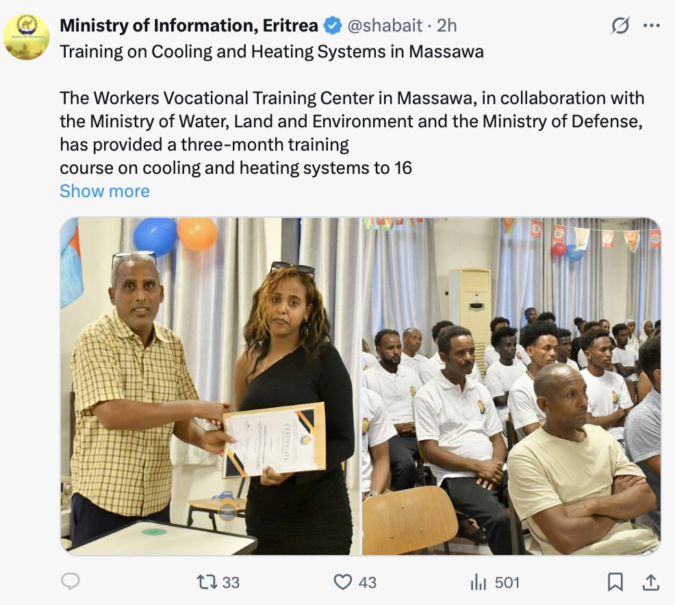 Massawa: where the annual temp dances between 77°F &amp; 100°F. Yet, the Ministry of Water, Land &amp; Env rolled out training on cooling &amp; heating systems. HEATING? In #Massawa? Are  they’re trolling ? Or preparing them for a job in West after they run away? 
#Eritrea #Ethiopia