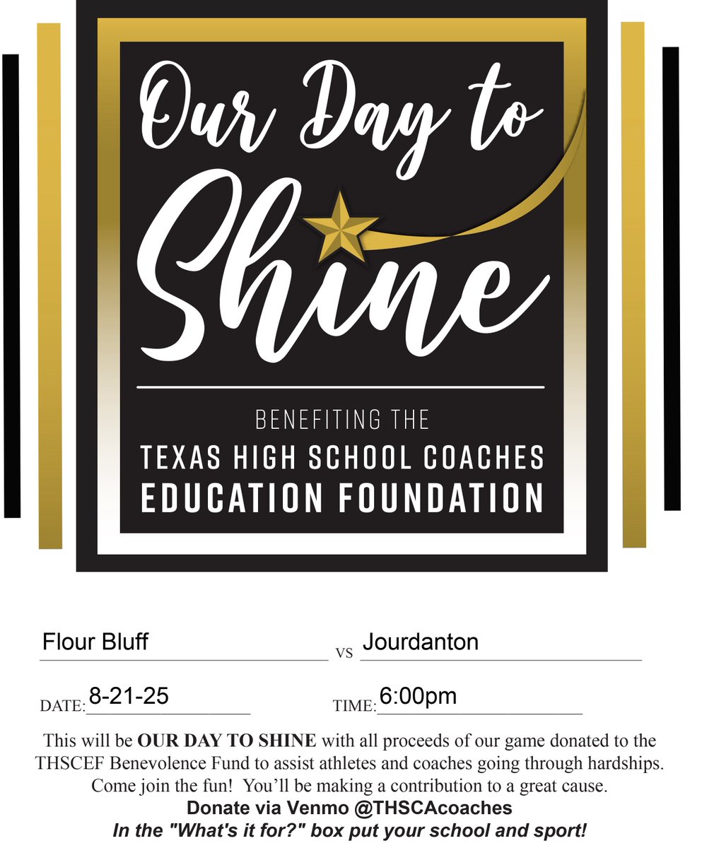 Tonight’s scrimmage is part of the  “Our Day to Shine campaign — a special initiative that raises funds to support coaches and athletes across Texas.

A big thank you to <a href="/THSCAcoaches/">THSCA</a> for all that you do to support student-athletes and coaches everywhere.