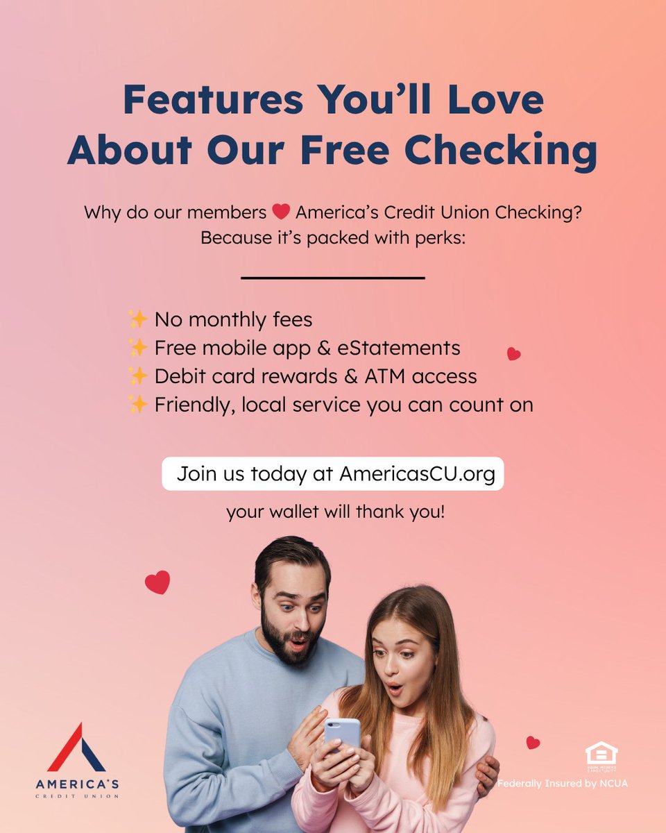 Americas_CU's tweet image. ✨ Why members ❤️ America’s Credit Union Checking:

✅ No monthly fees
✅ Free app &amp;amp; eStatements
✅ Debit rewards &amp;amp; ATM access
✅ Friendly, local service

Join today: AmericasCU.org
#SmartMoney #FreeChecking #AmericasCreditUnion