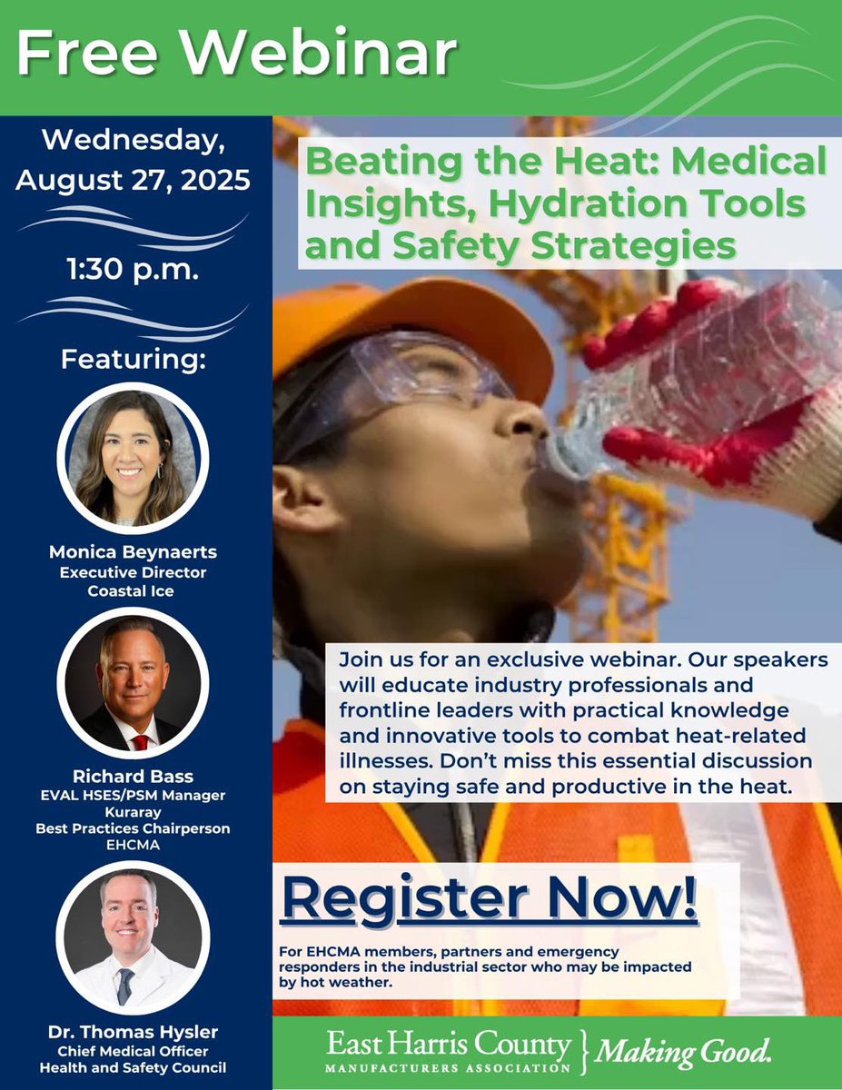 Our next FREE webinar for our members is coming August 27! 

Beating the Heat: Medical Insights, Hydration Tools and Safety Strategies

Register now: us06web.zoom.us/meeting/regist…

#EHCMAMembers