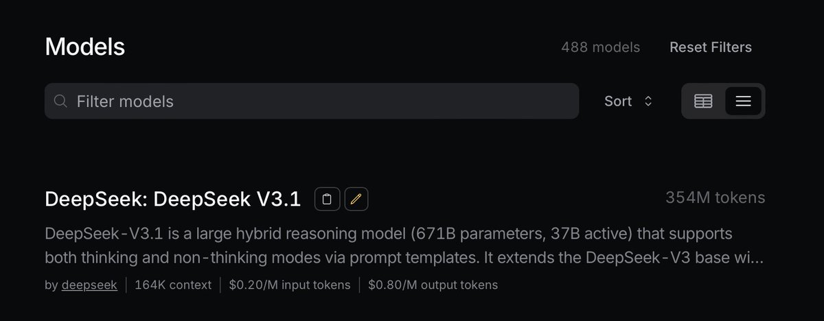 DeepSeek 3.1, DeepSeek's first hybrid reasoning model, now has on OpenRouter:

5️⃣ providers suitable for various routing prefs, including
🐎 high-throughput (60+ TPS)
💰 low price (starting at $0.2/M input)
🔐 data privacy!