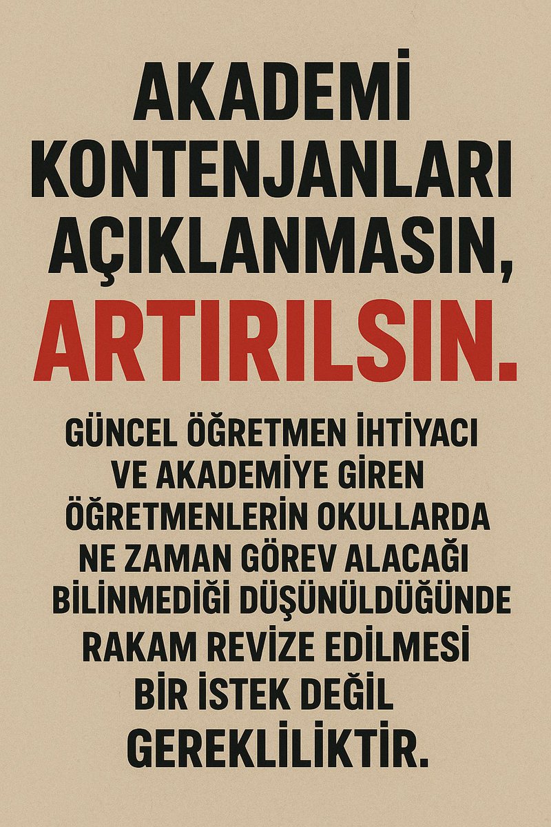 Akademi kontenjanları açıklanmasın, artırılsın!
Öğretmen açığı bu kadar fazlayken rakamların revize edilmesi bir istek değil, zorunluluktur. 

 #AkademiKontenjanlarıAçıklansın