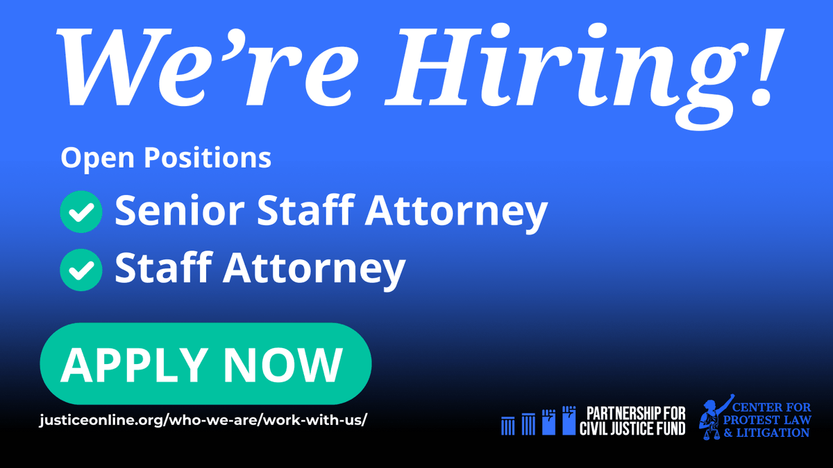 ThePCJF's tweet image. We're hiring a Senior Staff Attorney and Staff Attorney to join us in crucial impact litigation to protect democracy, advance free speech rights, and defend movements for racial, social, and environmental justice! Come work with us!

🔗 justiceonline.org/who-we-are/wor…