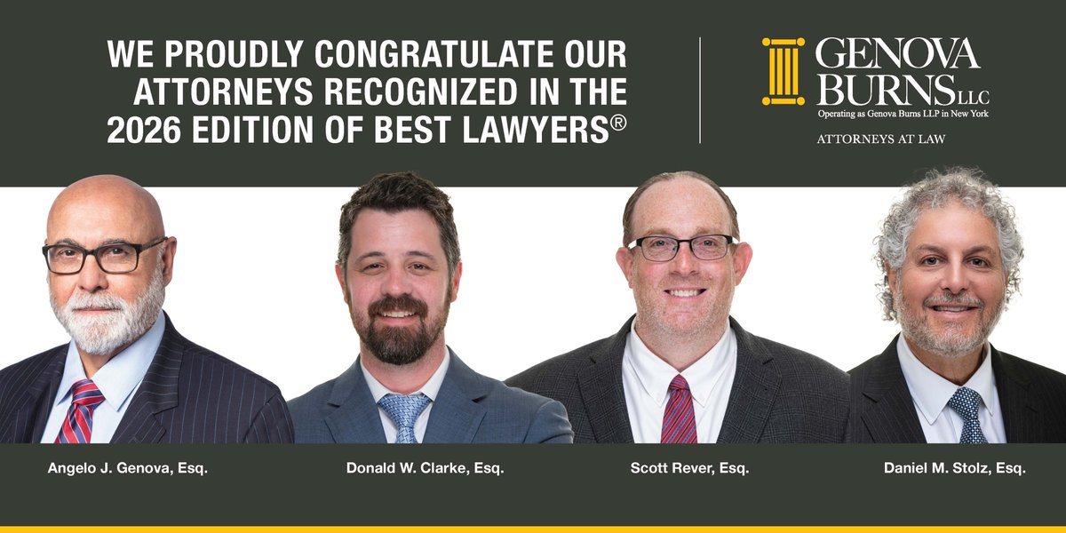 #GenovaBurns is proud to congratulate <a href="/AJGenovaEsq/">Angelo J. Genova</a>., #DonaldWClarkeEsq., #ScottSReverEsq., &amp; #DanielMStolzEsq. on being recognized in the 2026 edition of The <a href="/BestLawyers/">Best Lawyers</a>  in America® for excellence in their respective fields. #TeamGB #LegalExcellence #BestLawyers