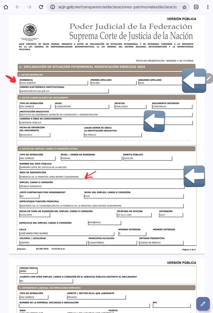 Lenia Batres puso a un escolta, sin estudios de derecho, como técnico operativo en su ponencia. Se trata de Eros Alberto Solano Ceja, quien cobra 500 mil pesos al año pese a ser contador público y no abogado.

Esta es la nueva corte...