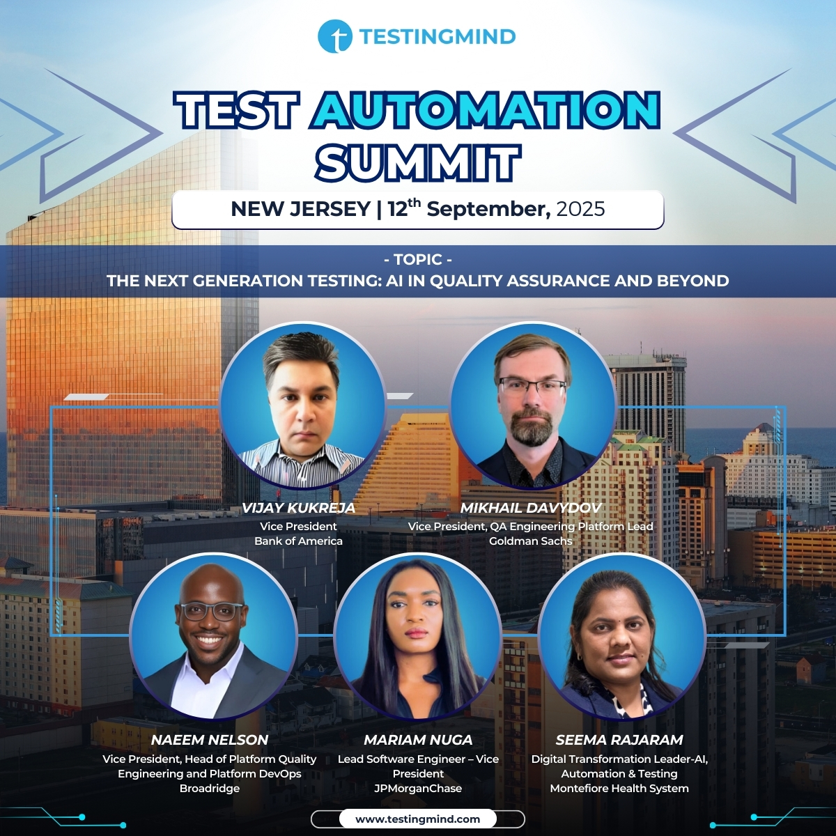 🤝 Panel Highlight – Test Automation Summit | New Jersey | Sept 12, 2025

🎤 With leaders from:
 Bank of America | Goldman Sachs | Broadridge | JPMorgan Chase | Montefiore Health System

🔗 Register: linkedin.com/smart-links/AQ…

#Testingmind #AI #QATesting #NewJersey