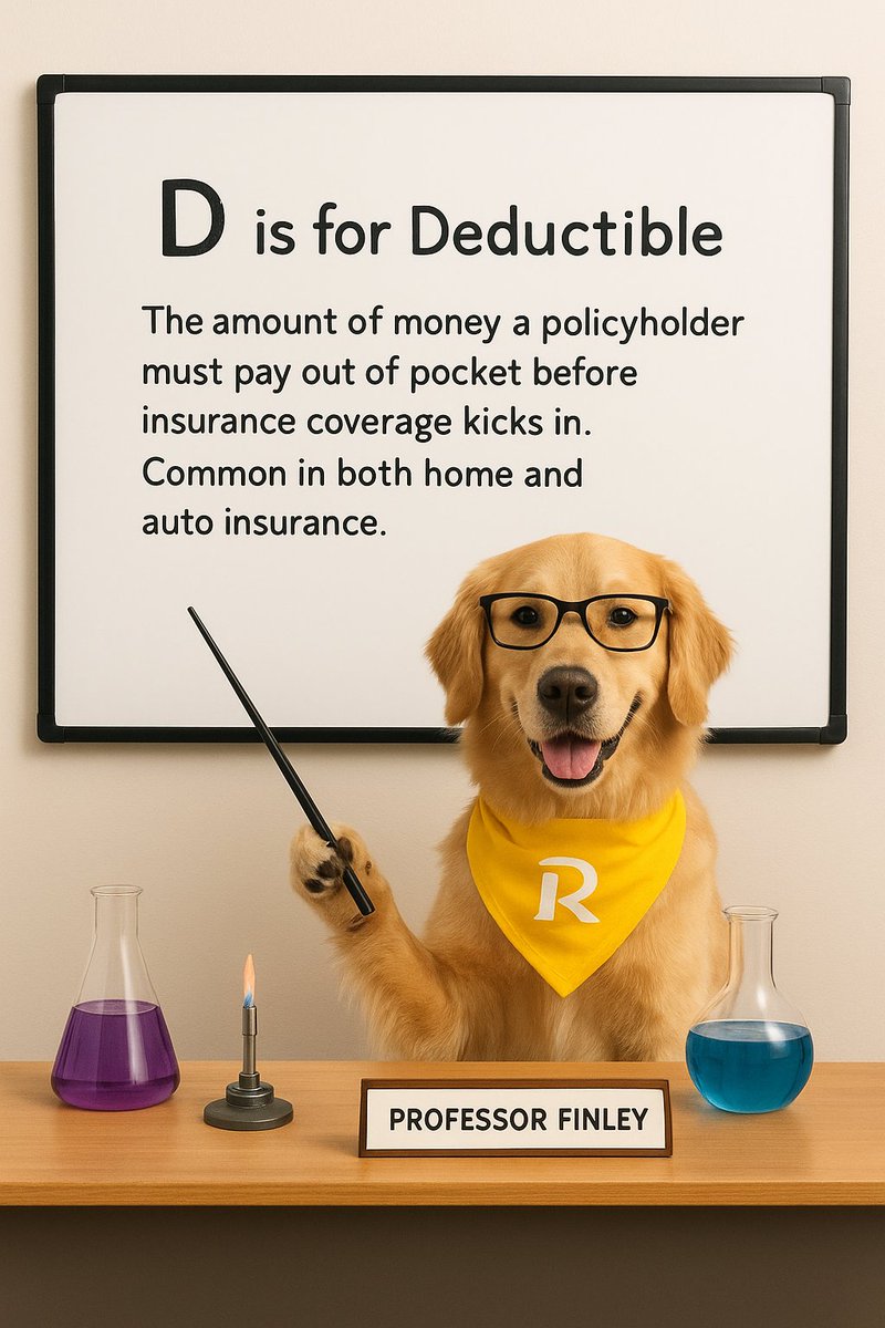 RateRetriever's tweet photo. Professor Finley is back with today’s lesson 🐾📚
D is for Deductible—the amount you pay before insurance covers the rest.

💡 Learn. Compare. Save. With https://t.co/xBp3dvrv9Q

 #BackToSchool #SaveMoney #Savings #Dogs #Professors #School #Thursday https://t.co/lRe7HIX8v8
