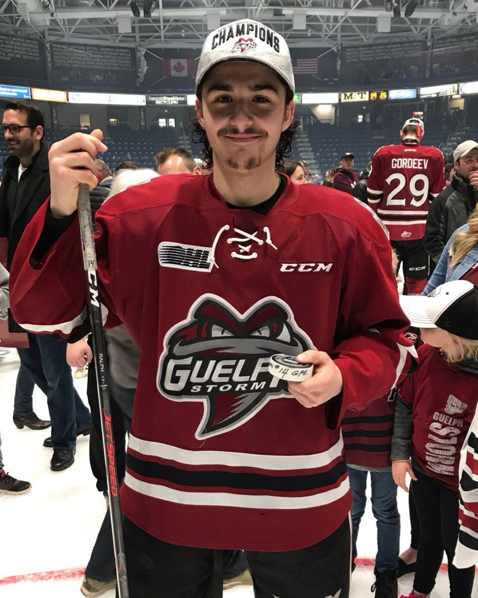 Cedric Ralph with the GWG puck and stick from the 2019 OHL Championship that is enshrined in the Hockey Hall of Fame

 #StormCity | #tbt