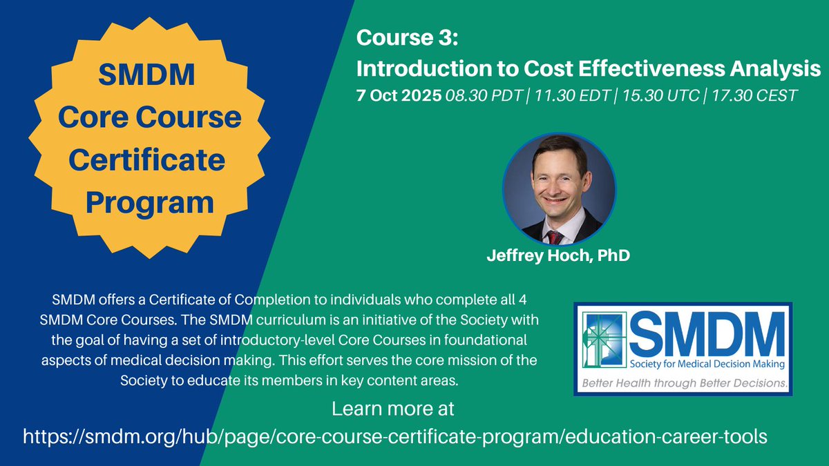 socmdm's tweet photo. Introduction to Cost-Effectiveness Analysis, the third of our SMDM Core Courses, 30 September. Register today! https://t.co/FLruKrrsU6
#MedicalDecisionMaking #SMDM https://t.co/UktB6WznOZ