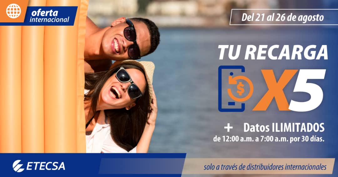 ¡Comenzó la promoción! Del 21 al 26 de agosto, si recibes una recarga entre 600 y 1250 CUP con distribuidores oficiales:
💥 Recibe 5 veces tu recarga en el saldo principal 🌙 Disfruta de datos ilimitados cada noche por 30 días  
¡Conéctate, comparte y navega !