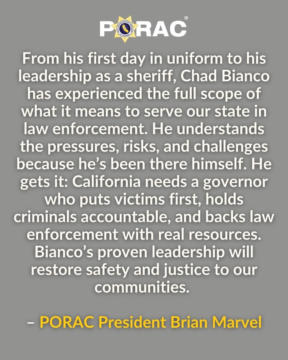PORAC (@poracalifornia) on Twitter photo PORAC Endorses <a href="/ChadBianco/">Sheriff Chad Bianco</a> for California Governor
Riverside County Sheriff Chad Bianco has built a career in law enforcement as a principled leader who refuses to compromise on the critical importance of public safety. He has led an effective, transparent, and respected PORAC Endorses <a href="/ChadBianco/">Sheriff Chad Bianco</a> for California Governor
Riverside County Sheriff Chad Bianco has built a career in law enforcement as a principled leader who refuses to compromise on the critical importance of public safety. He has led an effective, transparent, and respected
