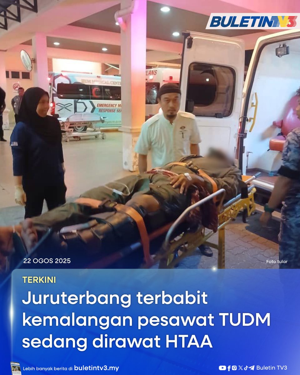 BuletinTV3's tweet photo. TERKINI | Dua juruterbang pesawat Tentera Udara Diraja Malaysia (TUDM) yang terbabit kemalangan di Pangkalan Udara Kuantan, sedang mendapatkan rawatan di Hospital Tengku Ampuan Afzan (HTAA). 

#BuletinTV3 #JuruterbangTUDM #KemalanganPesawat #HTAA #TUDM #Malaysia https://t.co/N6ZE1HF1Bm