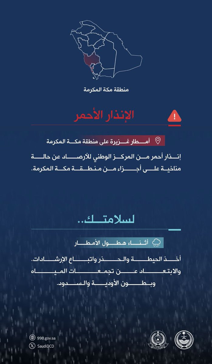 makkahregion's tweet photo. #الدفاع_المدني
يدعو إلى توخي الحيطة واتباع الإرشادات إثر الحالة المناخية التي تشهدها أجزاء من منطقة #مكة_المكرمة . https://t.co/VcvsLijtFK