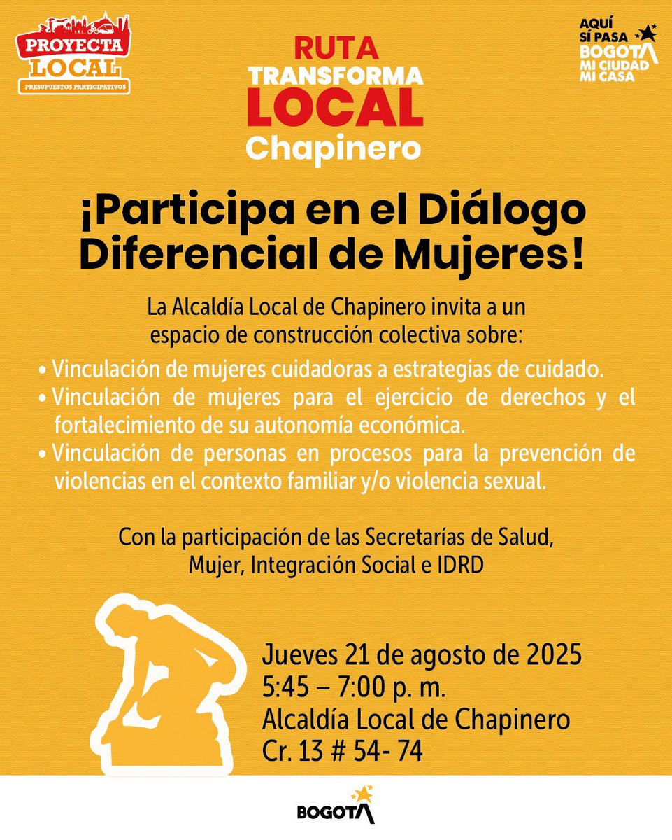 AlcaldChapinero's tweet photo. #AquíSíPasa | 💜 ¡Tu voz transforma!
Acompáñanos en el Diálogo Diferencial de Mujeres y construyamos juntas estrategias de cuidado, autonomía económica y prevención de violencias.
📅 21 de agosto | 5:45 p.m.
📍 Alcaldía Local de Chapinero.
¡No faltes! 🙌🏻 #ProyectaLocal @alexpyme