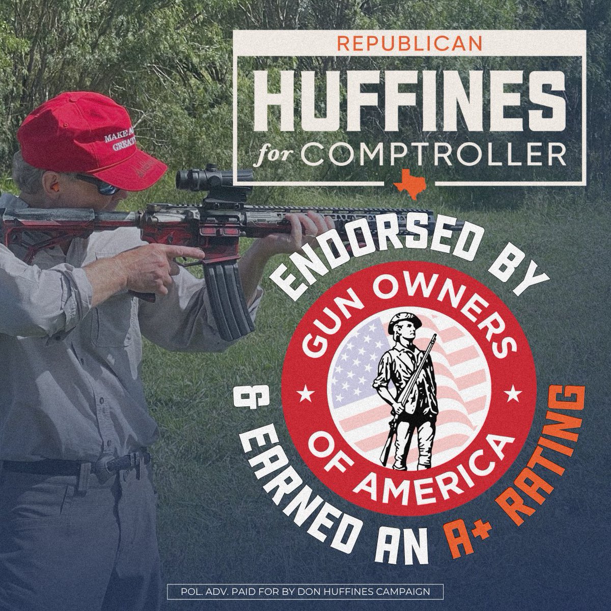 Don Huffines Campaign (@teamhuffines) on Twitter photo .<a href="/GunOwners/">Gun Owners of America</a> endorsed <a href="/DonHuffines/">Don Huffines</a> for Texas Comptroller because they know he has a proven record of standing for the Second Amendment.
As a Texas State Senator, Don earned their A+ rating by fighting to protect your right to keep and bear arms.
As Comptroller, he will continue .<a href="/GunOwners/">Gun Owners of America</a> endorsed <a href="/DonHuffines/">Don Huffines</a> for Texas Comptroller because they know he has a proven record of standing for the Second Amendment.
As a Texas State Senator, Don earned their A+ rating by fighting to protect your right to keep and bear arms.
As Comptroller, he will continue