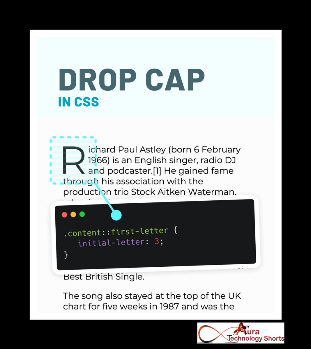 Auratechno72007's tweet photo. CSS Drop Cap
.....
#CSSDropCap #WebDesign #CSSTips #FrontEndDevelopment #WebDev #ValueOfVisuals #Typography #CodeNewbie #LearnToCode #Frontend #HTML #Styling #ResponsiveDesign #CreativeCoding #DesignInspiration #WebDesignTips #CSSTricks #UIUX #DevelopmentCommunity #TechTutorials https://t.co/OWWJMpExi1