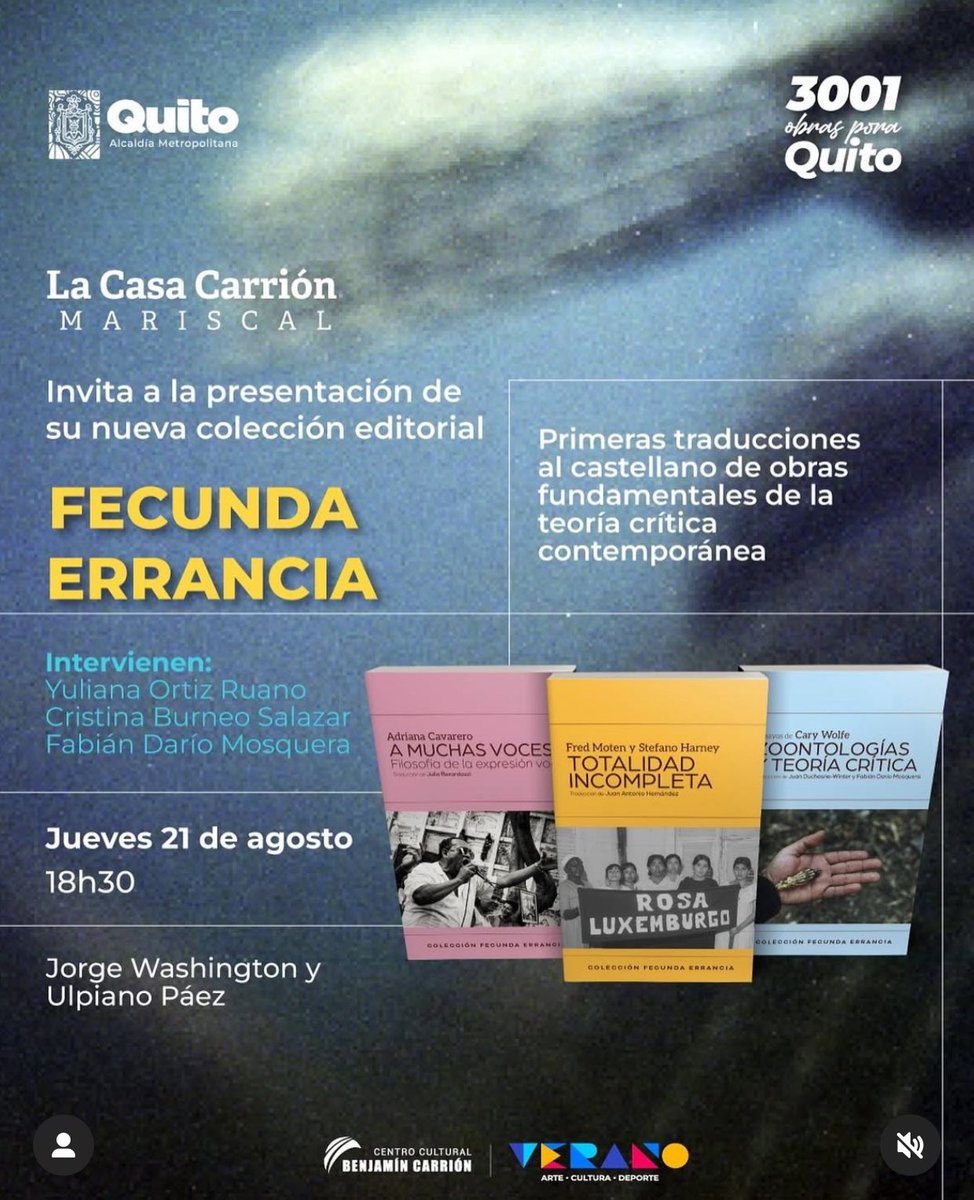Hoy presentamos la colección «Fecunda Errancia» en el Centro Benjamín Carrión de Quito. ¡Los libros serán entregados de manera gratuita a los asistentes! 📚