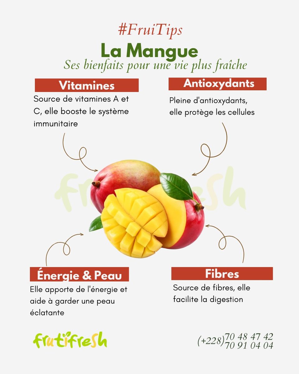 FrutifreshT's tweet photo. 📍Rendez-vous dans nos restaurants de Hedranawoe & Agoè pour savourer toute la douceur de la mangue !
📞 +228 70 48 47 42 / 70 91 04 04
4/4
#FruiTips #FrutiFreshTogo #FruitsEtSanté #MangoPower #BienMangerTogo #MadeInTogo https://t.co/gl4PNFxjqq
