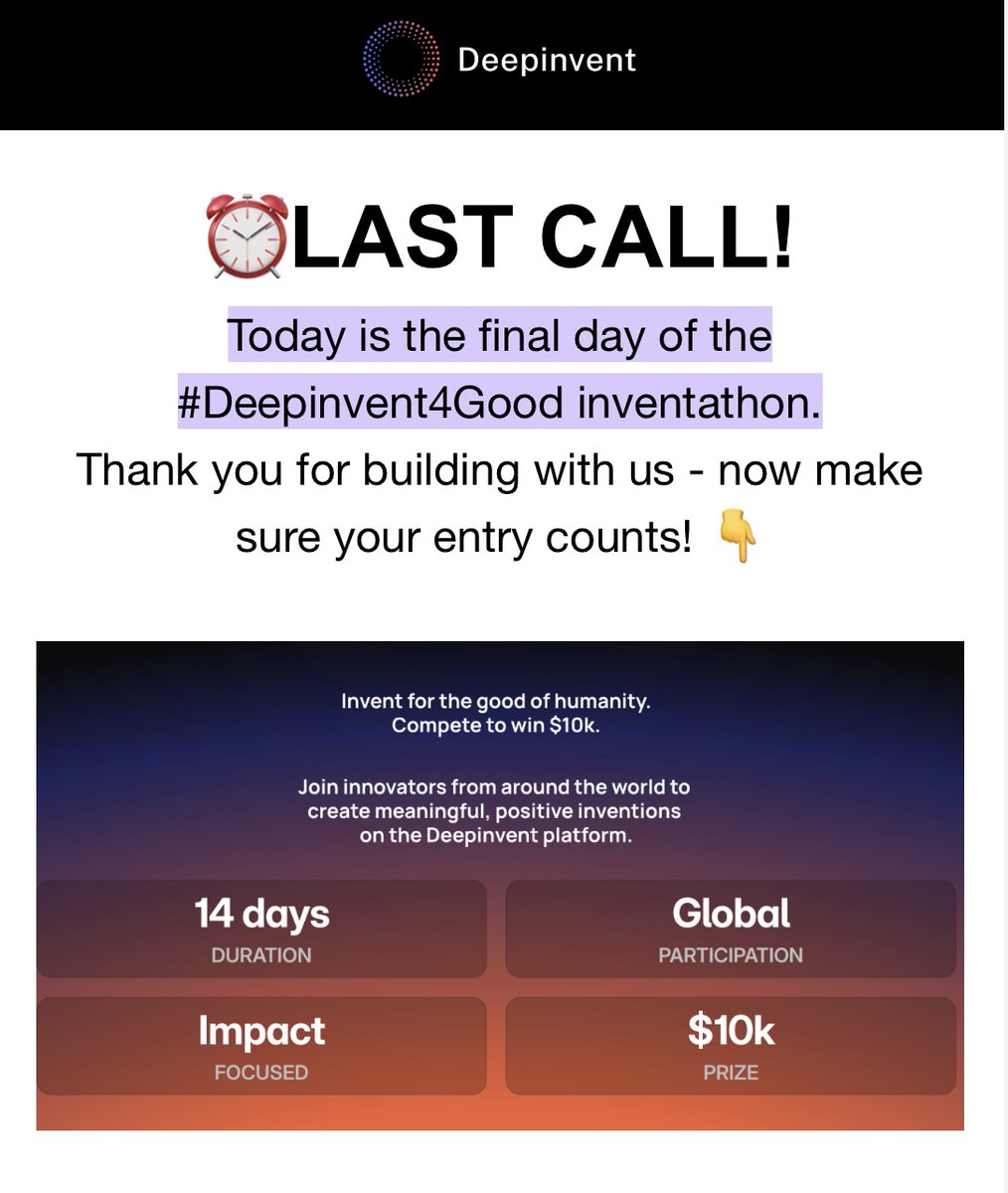 deepinventai's tweet image. Do these 3 things before submission window closes at 11:59PM PST:

1) Invent (takes just 10 minutes!)
Create your invention at deepinvent.ai/inventathon

2) Share your invention
Repost the #Deepinvent4Good announcement, share your invention on LinkedIn, tag Deepinvent, and include…