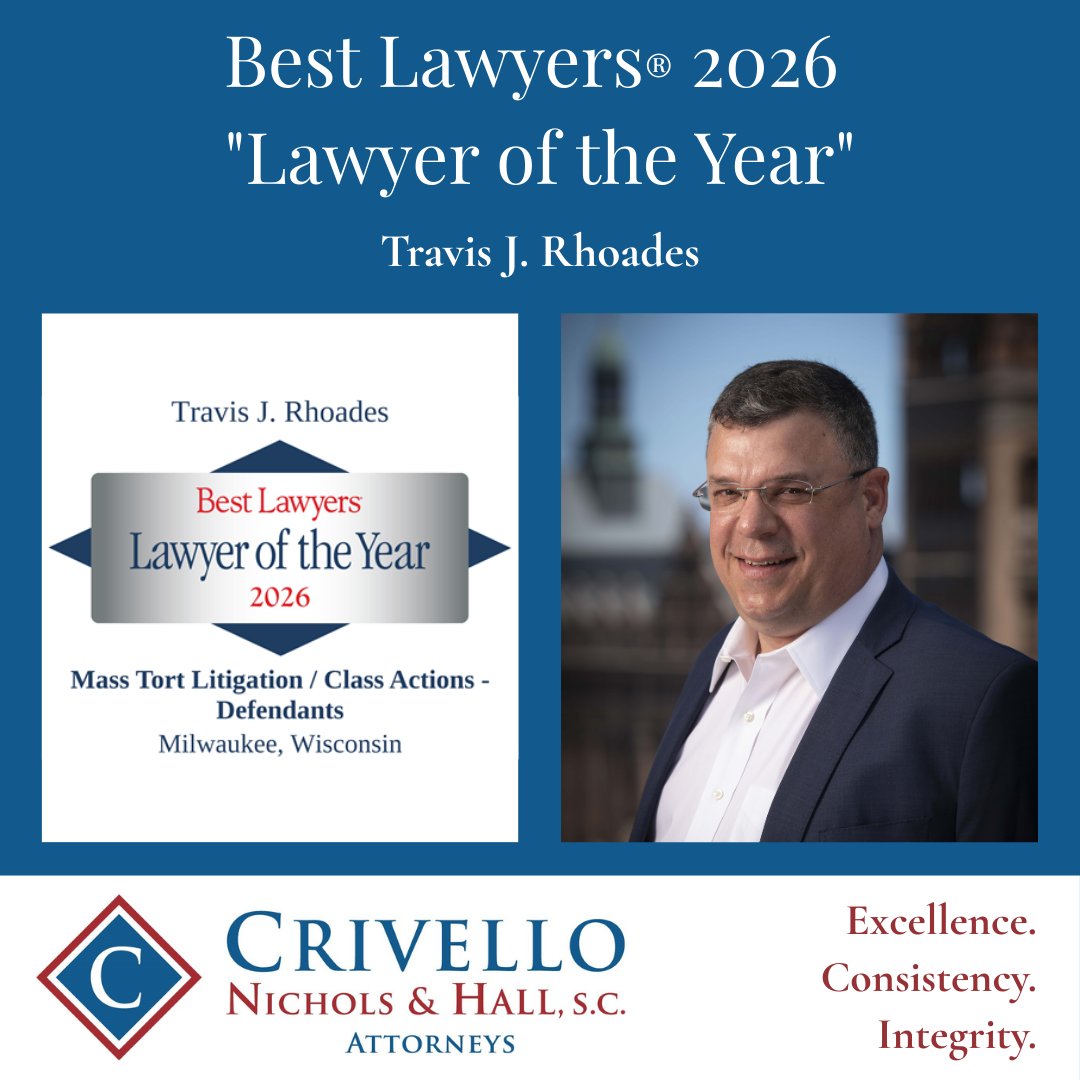 CrivelloLaw's tweet photo. We are excited to share that Travis J. Rhoades was named the Best Lawyers® 2026 "Lawyer of the Year" for Mass Tort Litigation / Class Actions - Defendants in Milwaukee! Congratulations, Travis! https://t.co/K6HTlwb4Qk