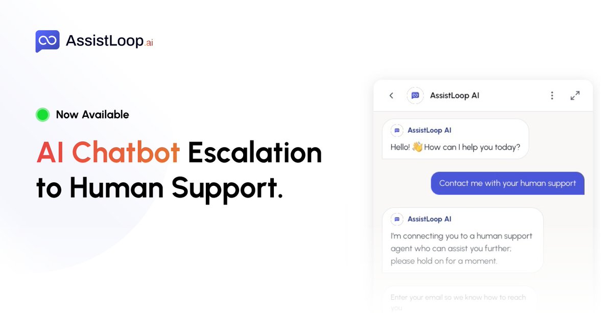 AssistLoop's tweet photo. 🚀 New in AssistLoop: Human Handoff

When AI doesn’t have enough data, or when a customer wants a real person, your support team can jump in instantly.

👉 Enable it in Settings with one toggle.

#CustomerSupport #AI #ProductUpdate https://t.co/rgilqsz15K