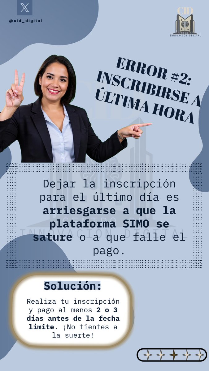 cid_digital's tweet photo. Quedar eliminado ANTES del examen es el error más frustrante (y común).

Te mostramos los 3 fallos críticos en la inscripción que son 100% evitables para que protejas tu postulación y tu dinero.

Asegura tu éxito desde el día 1 👉 https://t.co/JmomeTP5mx https://t.co/VXtlHptTtH