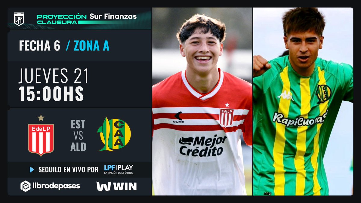 LPFPlay's tweet image. Hoy disfrutá la #Fecha6 del #TorneoProyección @surfinanzas Clausura 🏆por @LPFPlay! 

🏟️ @EdelpOficial 🆚 @clubaldosivi 

📲 @LPFPlay 
💻 lpfplay.com - La Pasión del Fútbol
