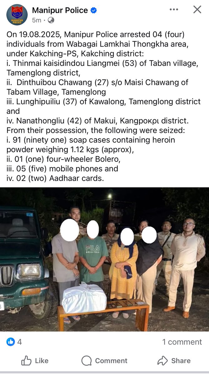 turng_point's tweet photo. Manipur Police aka Meitei police @manipur_police deleted this post in the morning to shield Kacha Naga culprits. But once deleted post went viral, they had no choice but to restore it. As usual, their image is beyond repair-we know their game inside out. Bunch of drug peddlers https://t.co/QAF6H5COe6