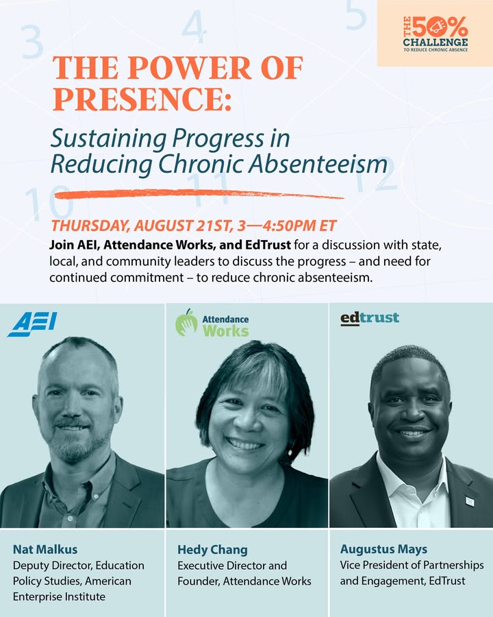 Today at 3pm! Join us for "The Power of Presence: Sustaining Progress in Reducing Chronic Absenteeism"

Register to attend in person or watch online: edtru.st/45JcuCY