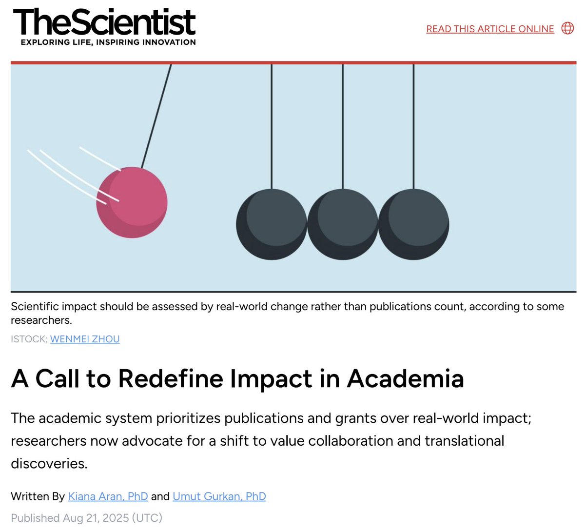 Excited to share that my colleague and friend <a href="/kiana_aran/">Kiana Aran</a> I have just published an opinion piece in <a href="/TheScientistLLC/">The Scientist</a>: "A Call to Redefine Impact in Academia." As fellow members of the <a href="/NewVoicesNASEM/">New Voices NASEM</a>, we have been passionate about reshaping how academia measures success to better