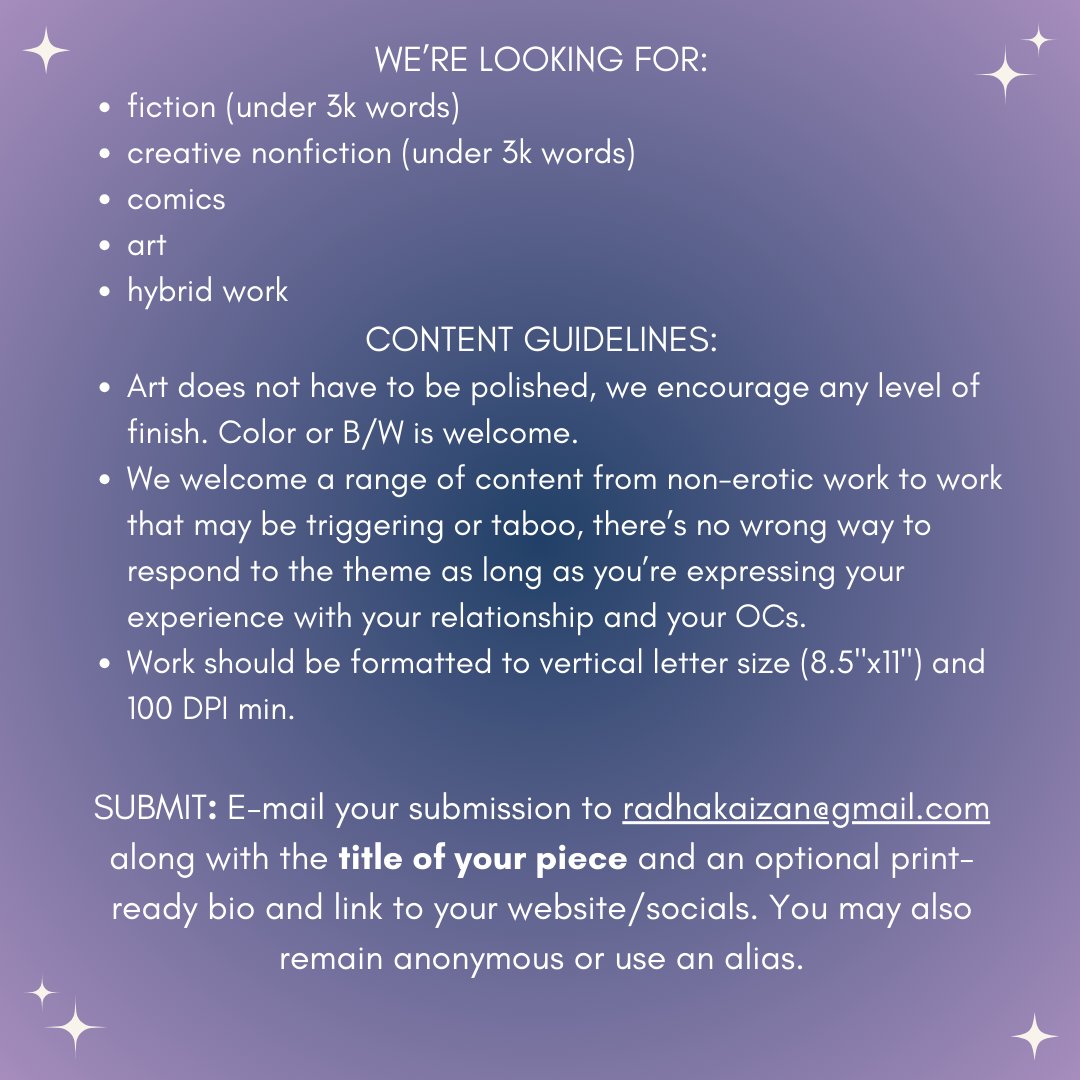 I'm excited to announce DRAWN TO LOVE: An Anthology About Finding Romance Through Original Characters edited by me and <a href="/bridalbeast/">🔞lusus🔞</a> !! Can't wait to read your submissions!

Read our open call here: radhakaizan.com/drawn-to-love/