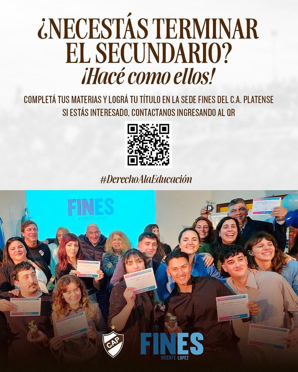 HACÉ COMO ELLOS Y TERMINÁ EL SECUNDARIO EN FINES PLATENSE 📖
                                  
📚Nuestro club es sede del PLAN FINES, un Programa del Ministerio de Educación de la Provincia de Buenos Aires para facilitar que la comunidad pueda terminar sus estudios. La semana