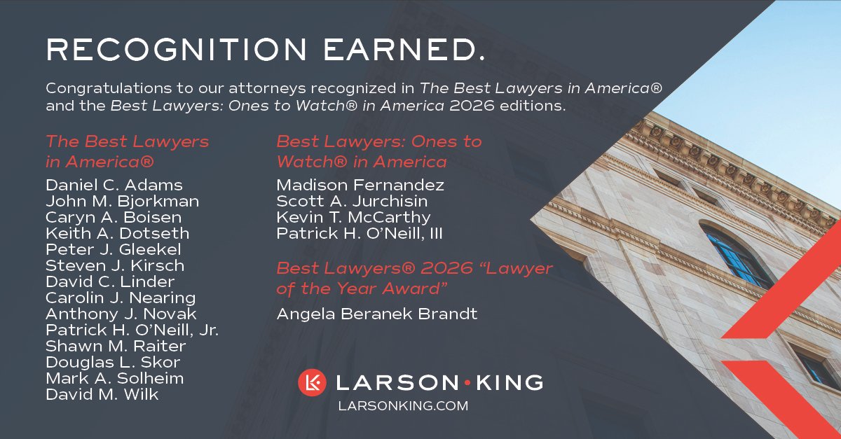 larsonking's tweet image. Congrats to our 19 attorneys named in the 2026 Best Lawyers in America and Ones to Watch released today! Special recognition to Angela Beranek Brandt, honored as 2026 “Lawyer of the Year” in Personal Injury Litigation (Minneapolis). Learn more &amp;gt; larsonking.com/best-lawyers-2…