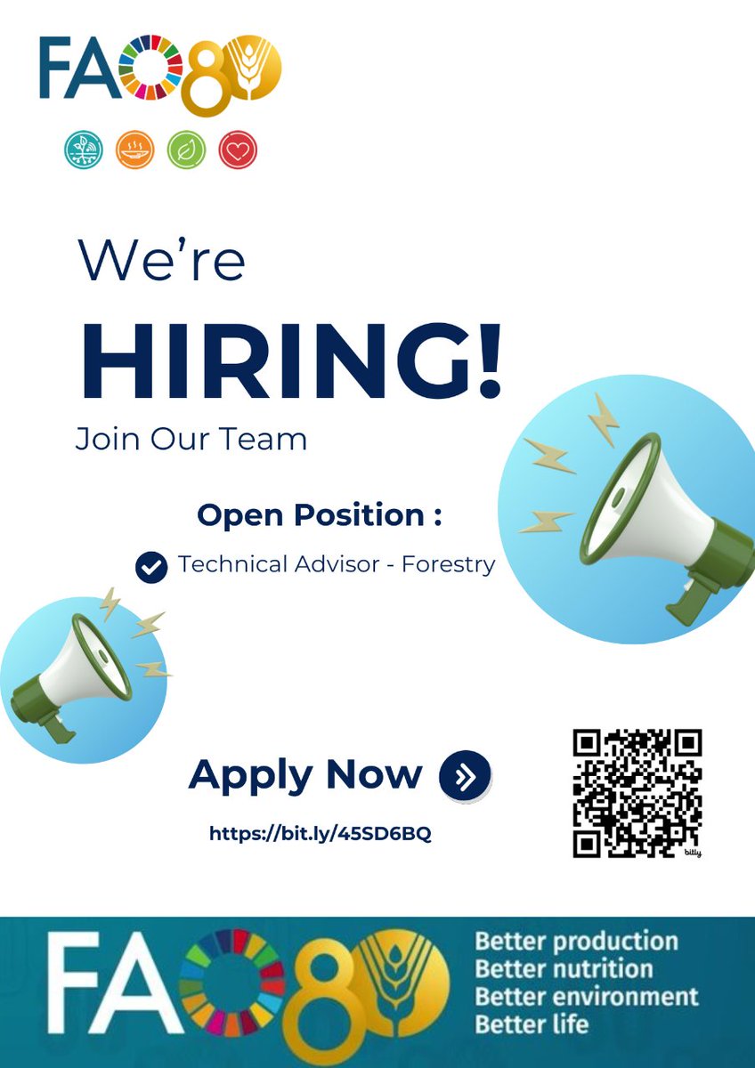 FAO Liberia is hiring a Technical Advisor – Forestry 🌳

📍 Monrovia | ⏳ 11 months | Deadline: 5 Sept 2025

Be part of strengthening forest governance &amp; sustainable management under the EU-funded Our Forest, Our Future project.

Apply here: bit.ly/45SD6BQ

#FAOLiberia